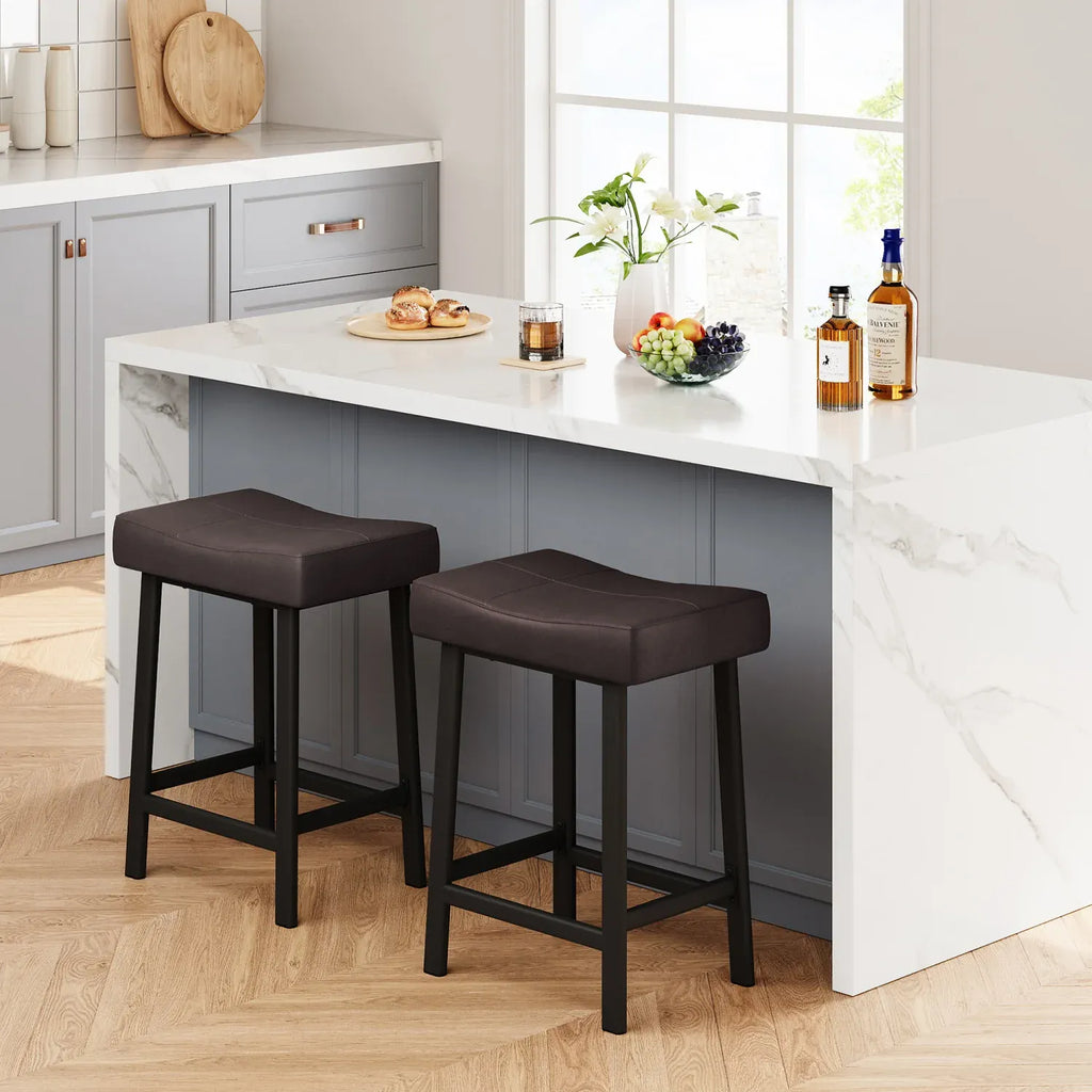 Bar Stools Set of 2 — Backless Saddle Counter Stools in PU Leather for Kitchen & Bar