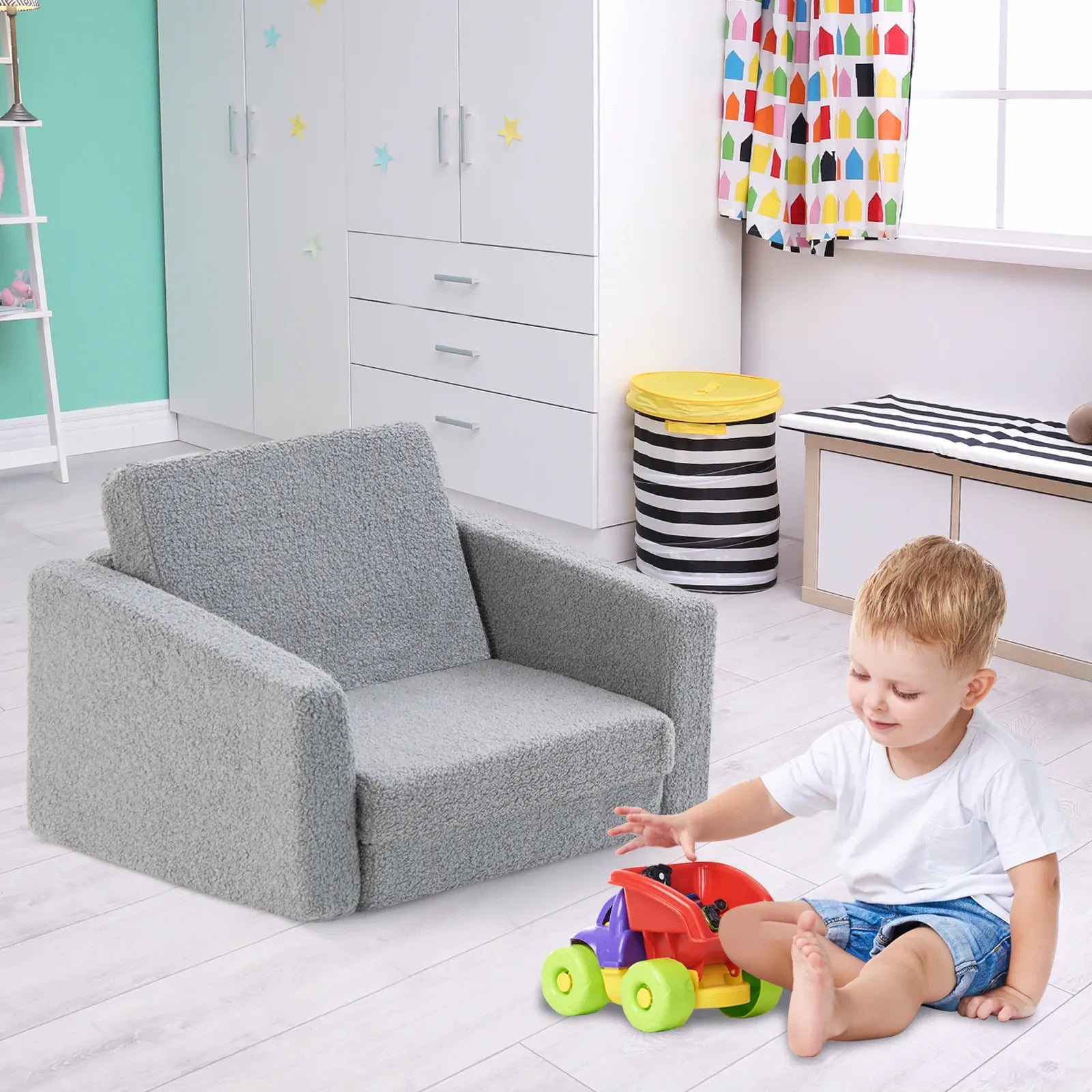 2-in-1 Toddler Fold-Out Sofa & Lounger | Washable Teddy Fleece Cover | Grey