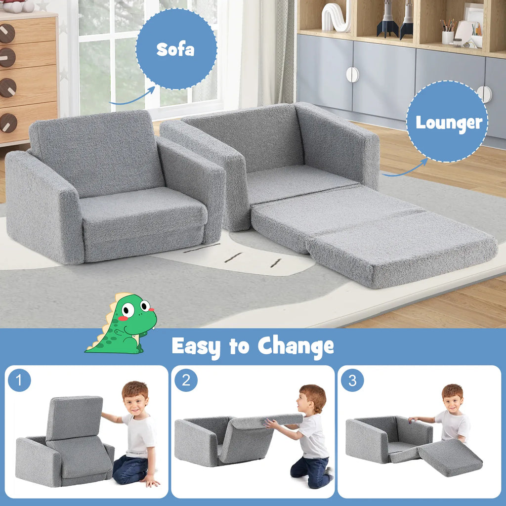 2-in-1 Toddler Fold-Out Sofa & Lounger | Washable Teddy Fleece Cover | Grey