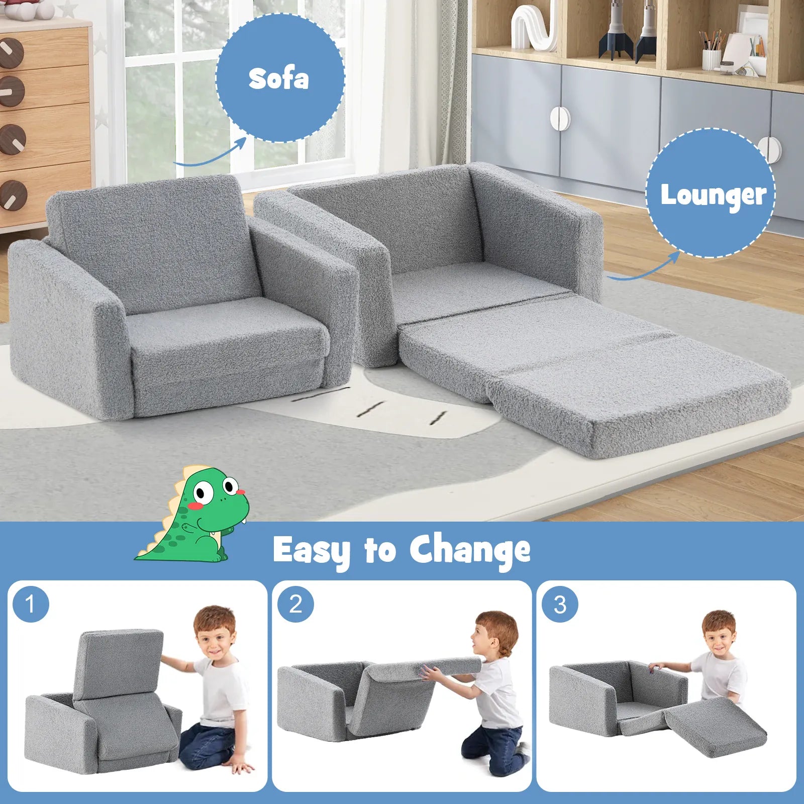 2-in-1 Toddler Fold-Out Sofa & Lounger | Washable Teddy Fleece Cover | Grey