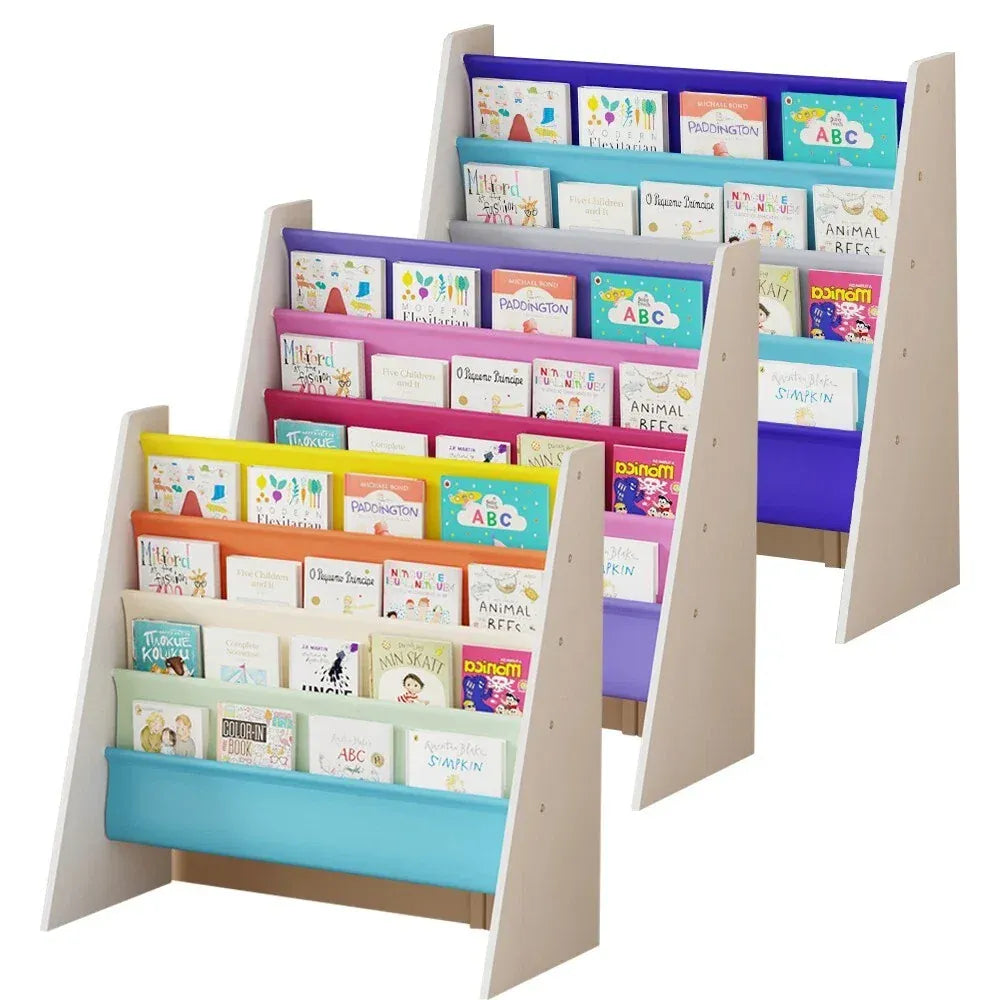 Kids 4-Tier Wooden Sling Bookshelf | Easy-Reach Book Rack | Blue, Green, Yellow & Pink