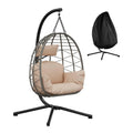 Foldable Rattan Swing Egg Chair With Metal Stand Indoor Outdoor Hanging Hammock Chair Weatherproof Patio Garden Furniture