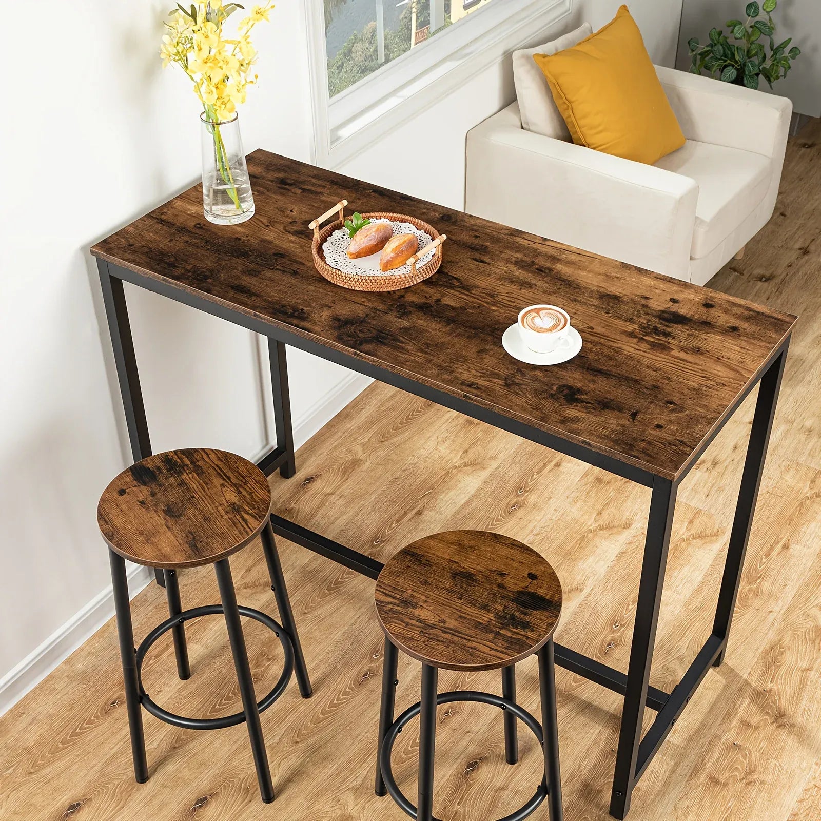 [2 Industrial Bar Stools] Set of 2 Industrial Bar Stools with Footrest | Sturdy Metal Frame, Adjustable Feet, Vintage Brown and