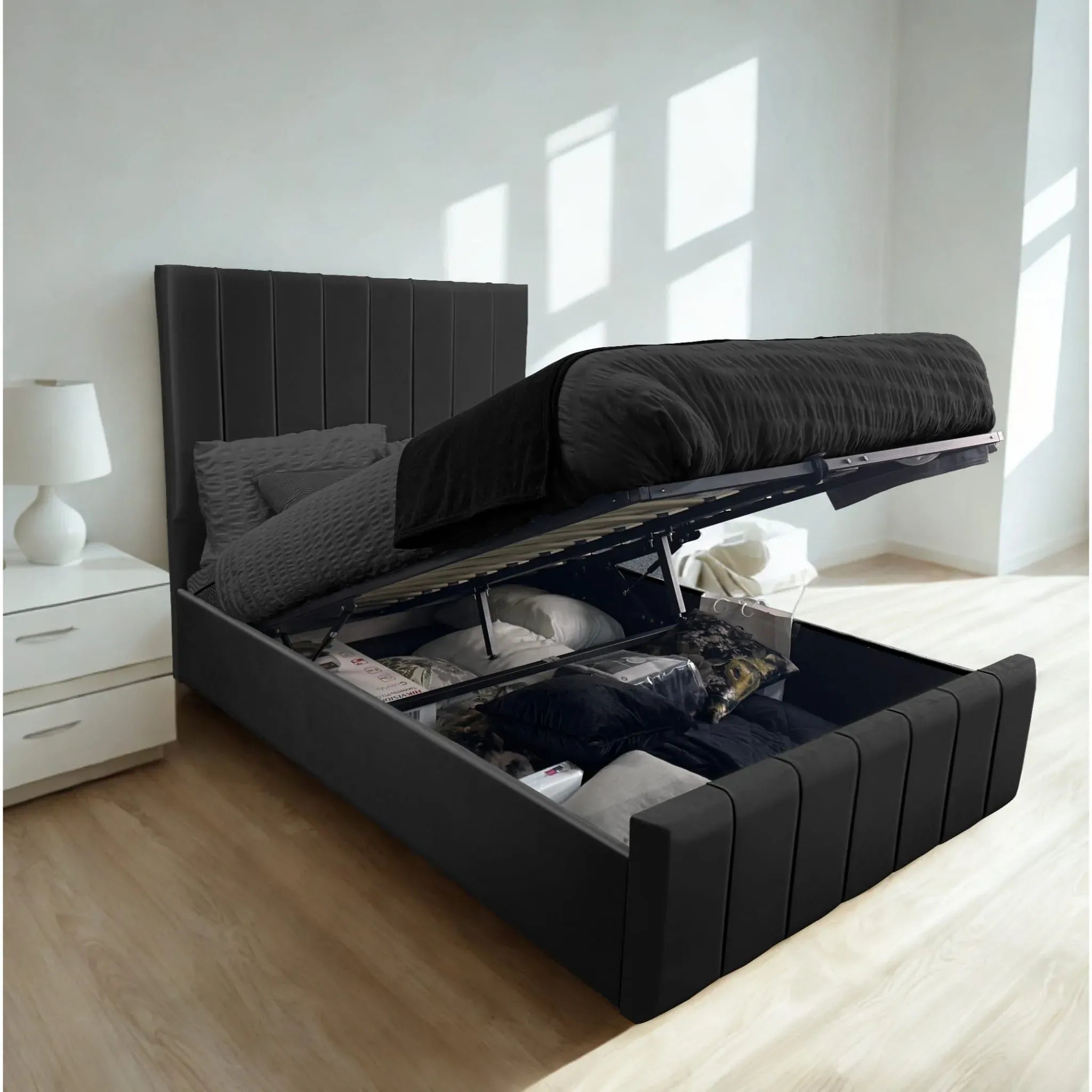 New Ottoman Storage Gas Lift Up Bed Frame Plush Velvet, Black, Cream Grey Double 4ft6 Kingsize 5FT