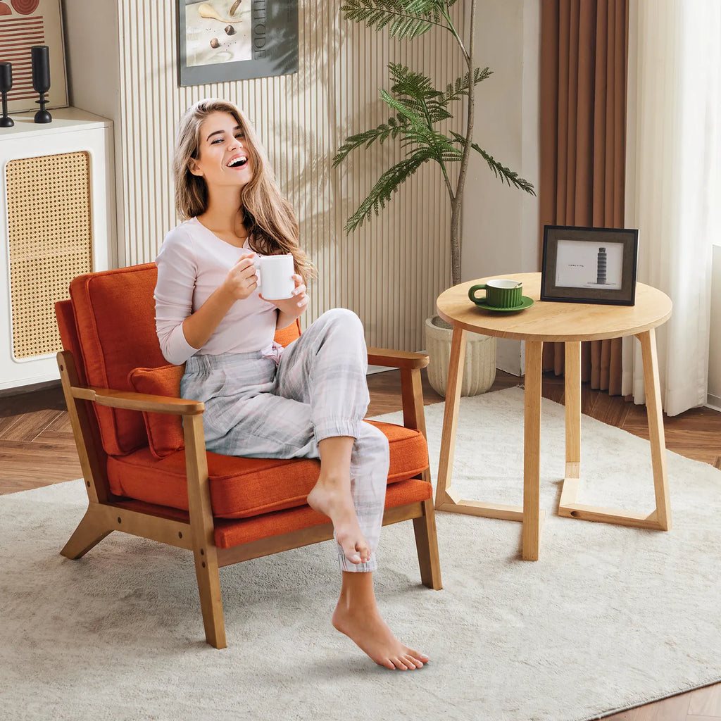 Mid-Century Modern Accent Chair | Oak Wood Frame | Linen-Cotton Upholstery | 4 Colours