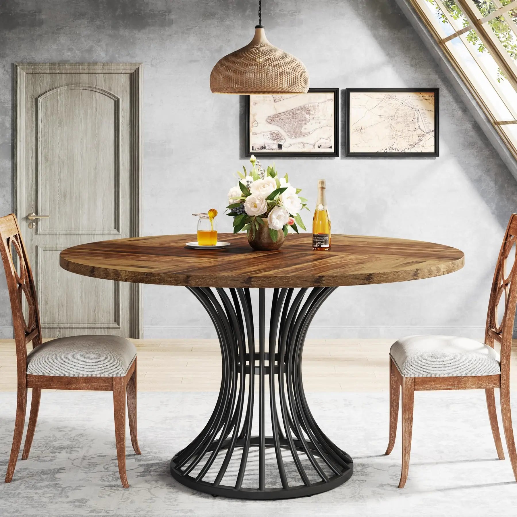 Round Dining Table for 4–6 — 47 Inch Farmhouse Circle Table with Hourglass Metal Base