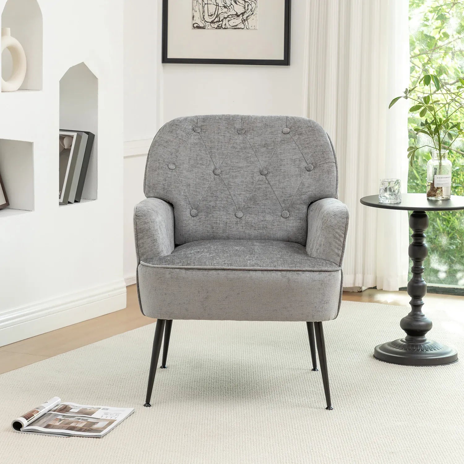 Modern Classic Upholstered Lounge Chair — Chenille Fabric, Button Detail, Grey, Beige or Yellow
