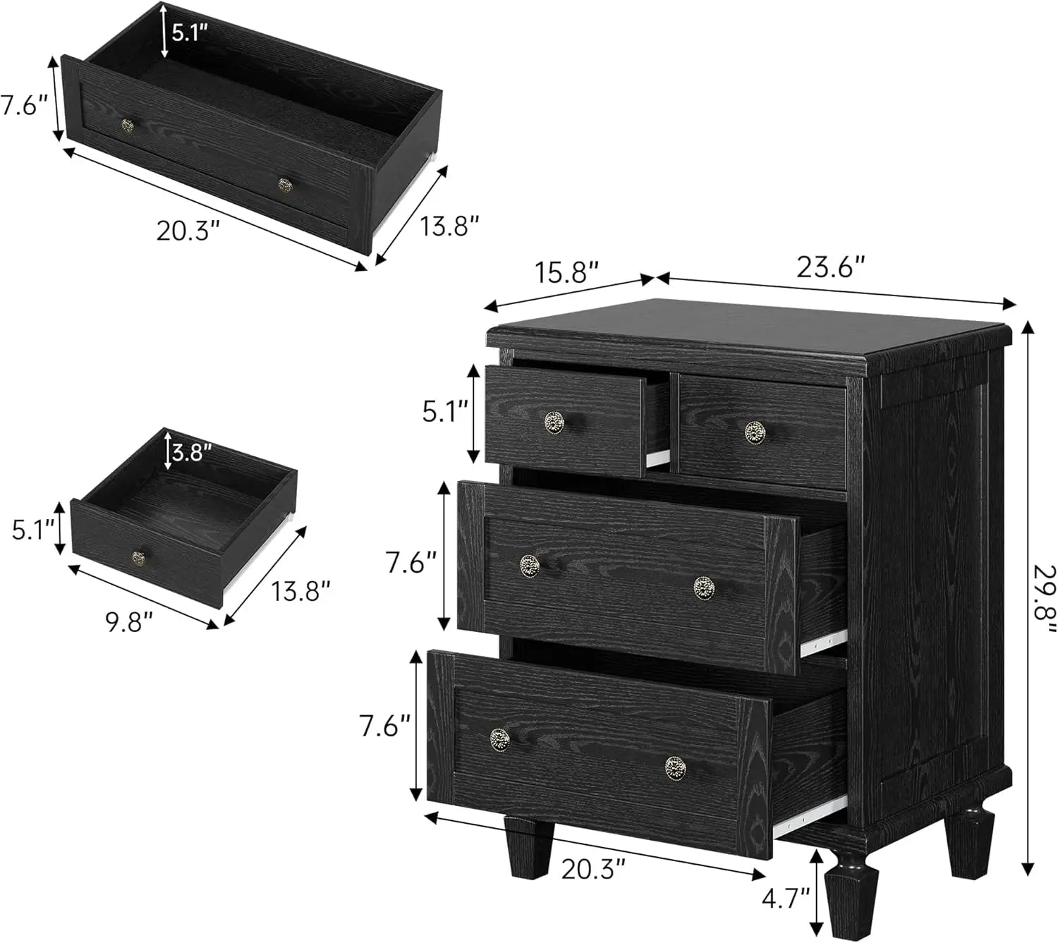 4 Drawer Vintage Dresser — Carved Handles, Tapered Legs & Wood Chest of Drawers for Bedroom