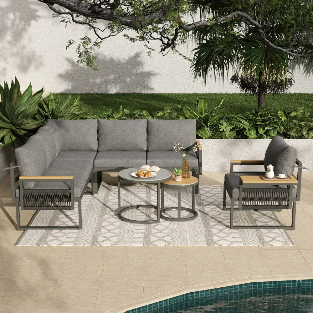 5-6 Seater Garden Furniture Set, Rope Woven Outdoor Corner Sofa with Matching Armchair, 2 Nesting Tempered Glass Coffee Tables