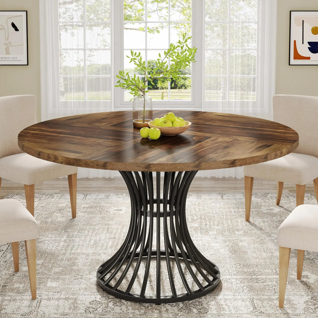Round Dining Table for 4–6 — 47 Inch Farmhouse Circle Table with Hourglass Metal Base