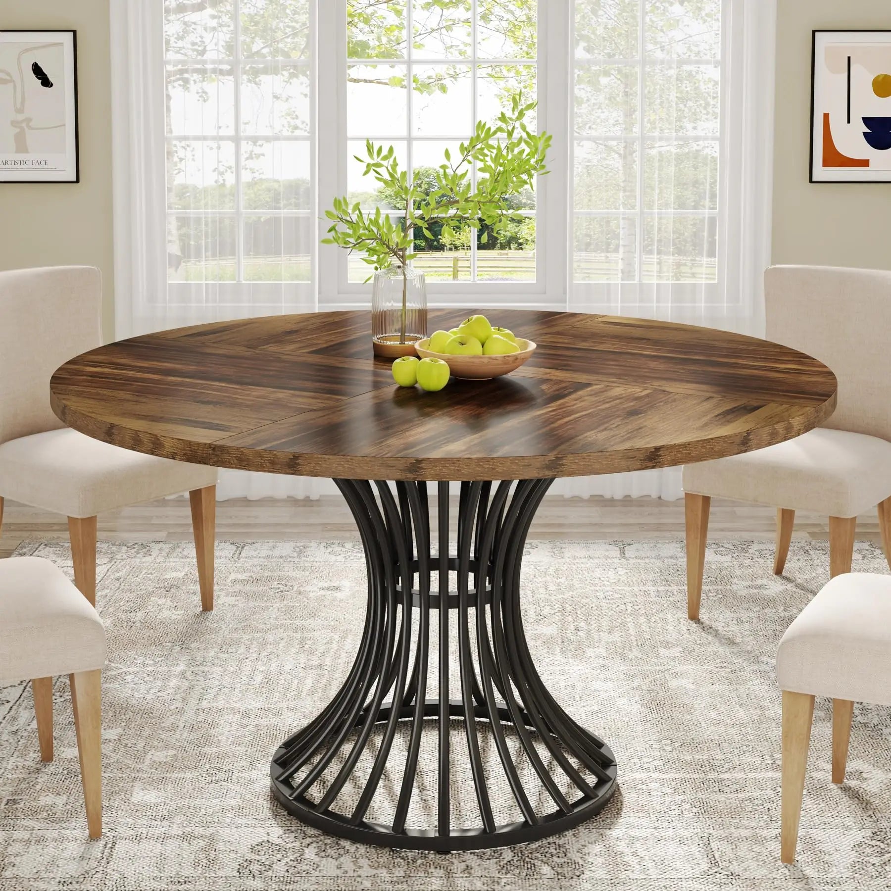 Round Dining Table for 4–6 — 47 Inch Farmhouse Circle Table with Hourglass Metal Base