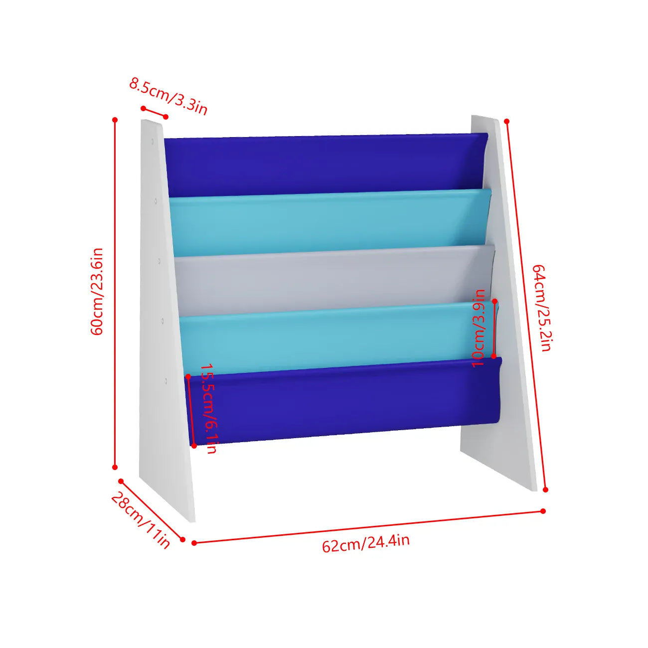 Kids 4-Tier Wooden Sling Bookshelf | Easy-Reach Book Rack | Blue, Green, Yellow & Pink