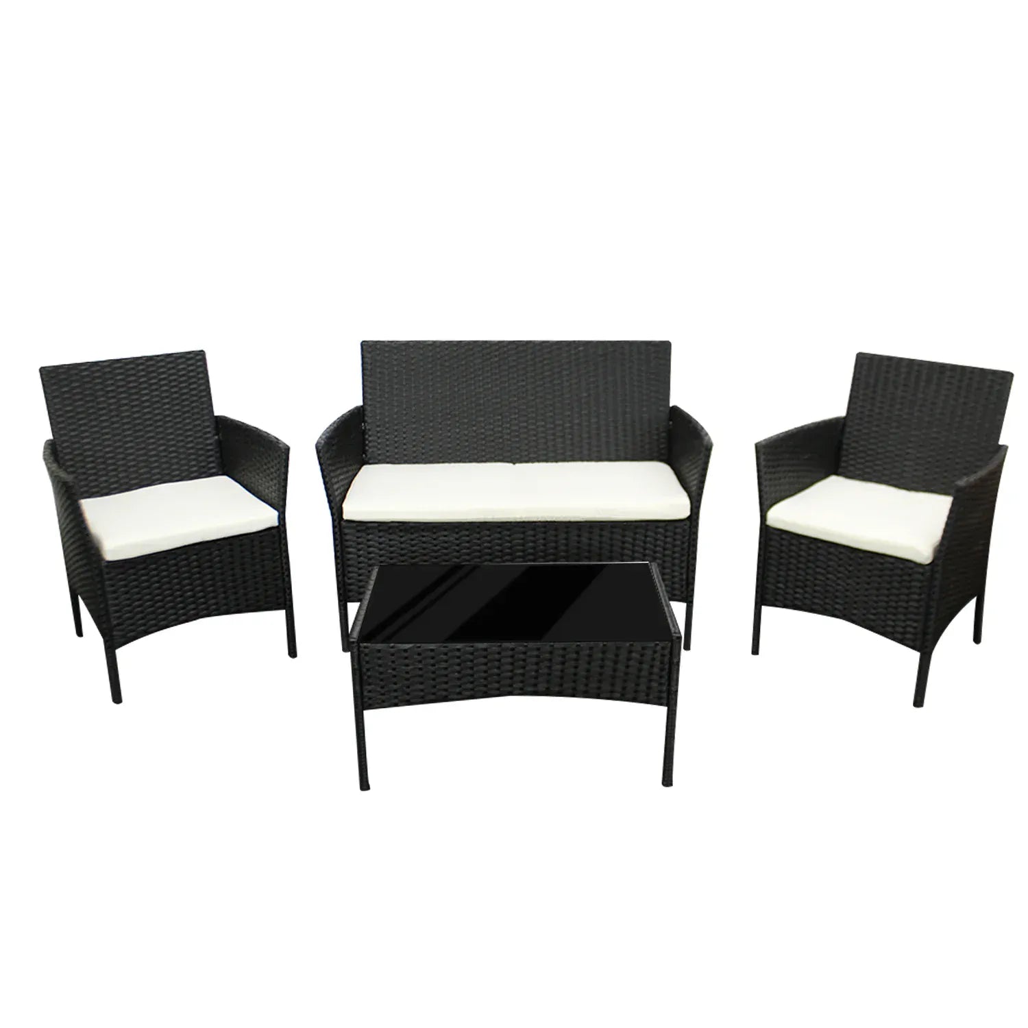 4-Piece Rattan Garden Furniture Set — Sofa, 2 Armchairs & Coffee Table with Cushions
