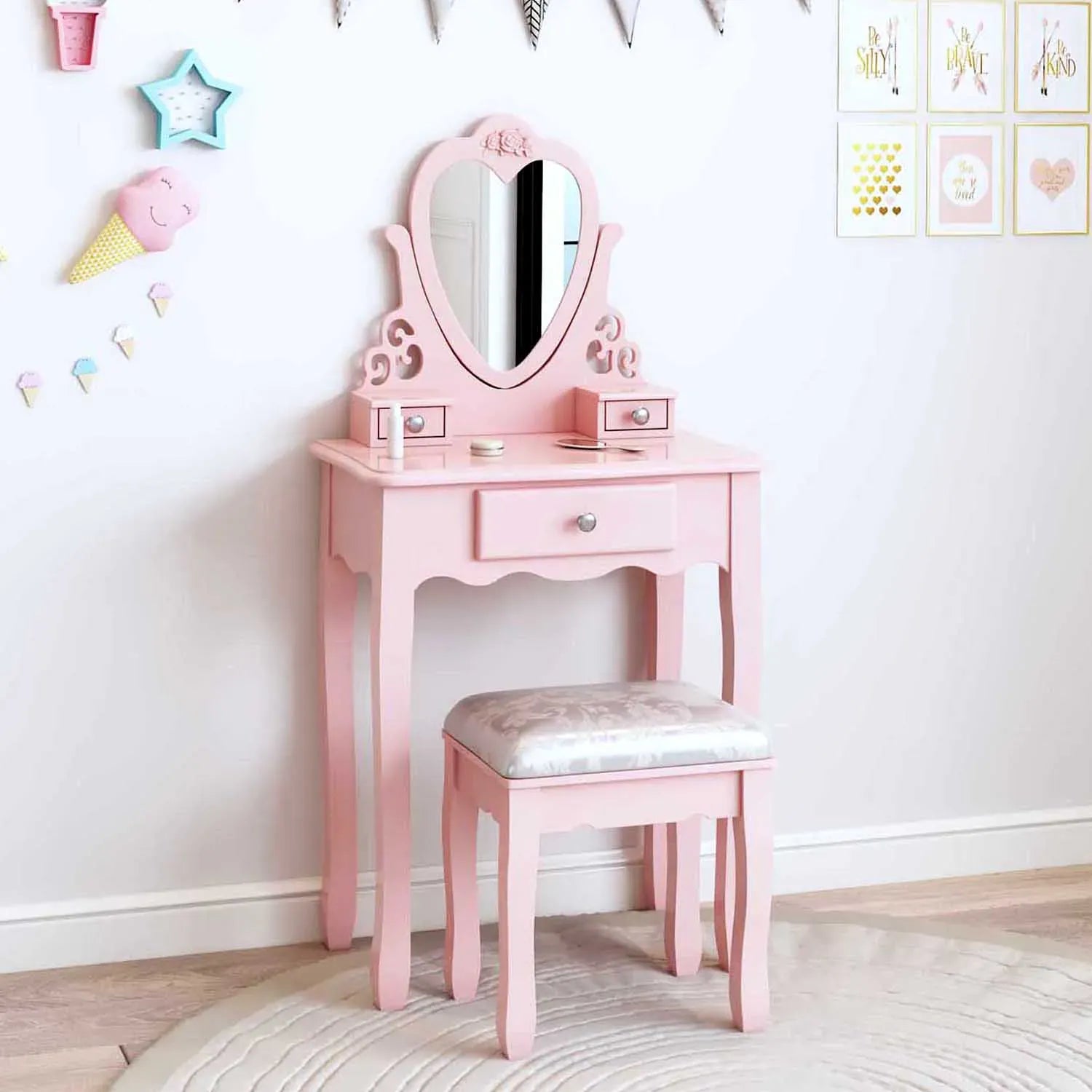 Kids Dressing Table with Heart Mirror & Stool | Girls Vanity Set | Pink & White | Ages 3–9