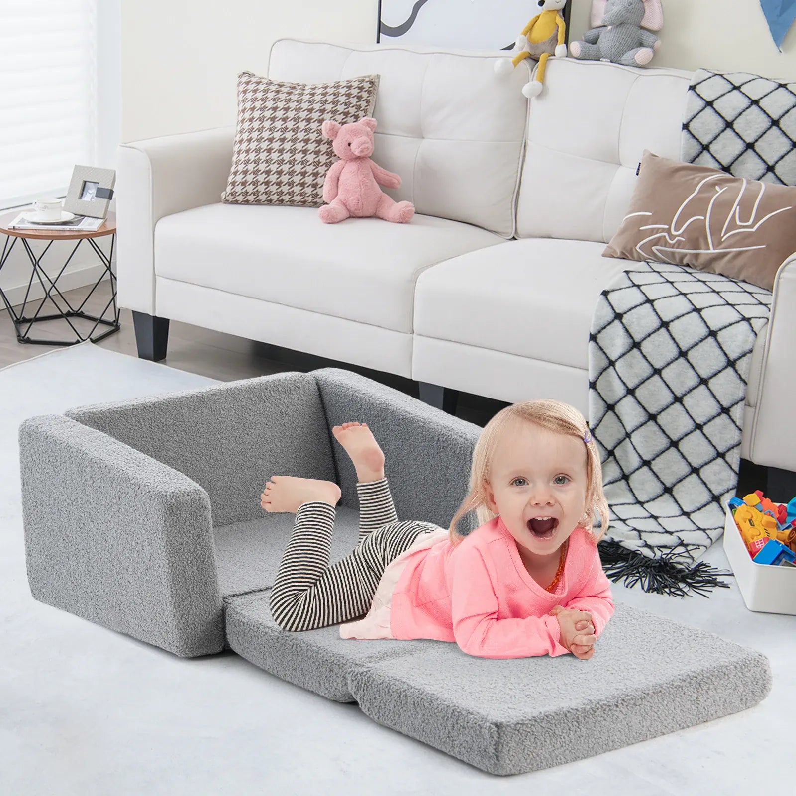 2-in-1 Toddler Fold-Out Sofa & Lounger | Washable Teddy Fleece Cover | Grey