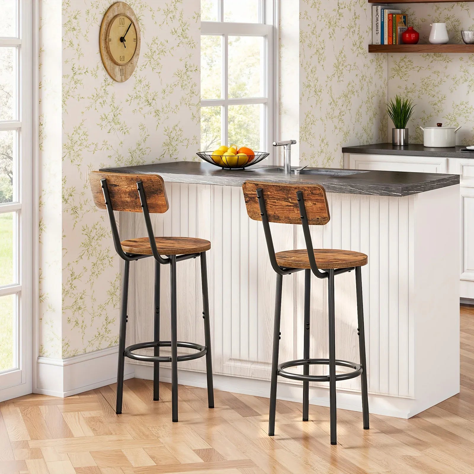 2 Modern Round Bar Stools with Back - Counter Height Bar Chairs Suitable for Kitchen Island, Dining Room, Wood/Metal Frame