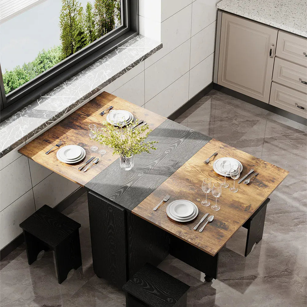Retro Foldable Dining Table & 4 Stool Set — Wheeled, Space-Saving, Black Brown