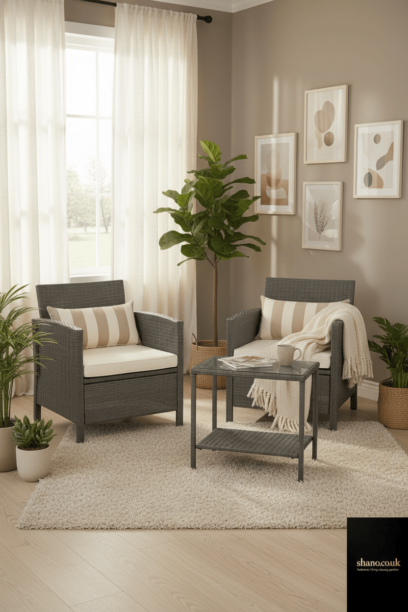 3-Piece Rattan Bistro Set — 2 Wicker Chairs with Washable Cushions & Coffee Table, Brown Beige or Grey Beige