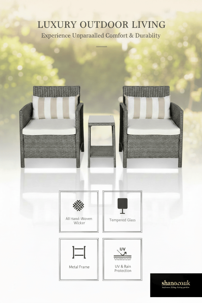 3-Piece Rattan Bistro Set — 2 Wicker Chairs with Washable Cushions & Coffee Table, Brown Beige or Grey Beige