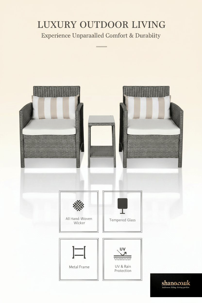 3-Piece Rattan Bistro Set — 2 Wicker Chairs with Washable Cushions & Coffee Table, Brown Beige or Grey Beige