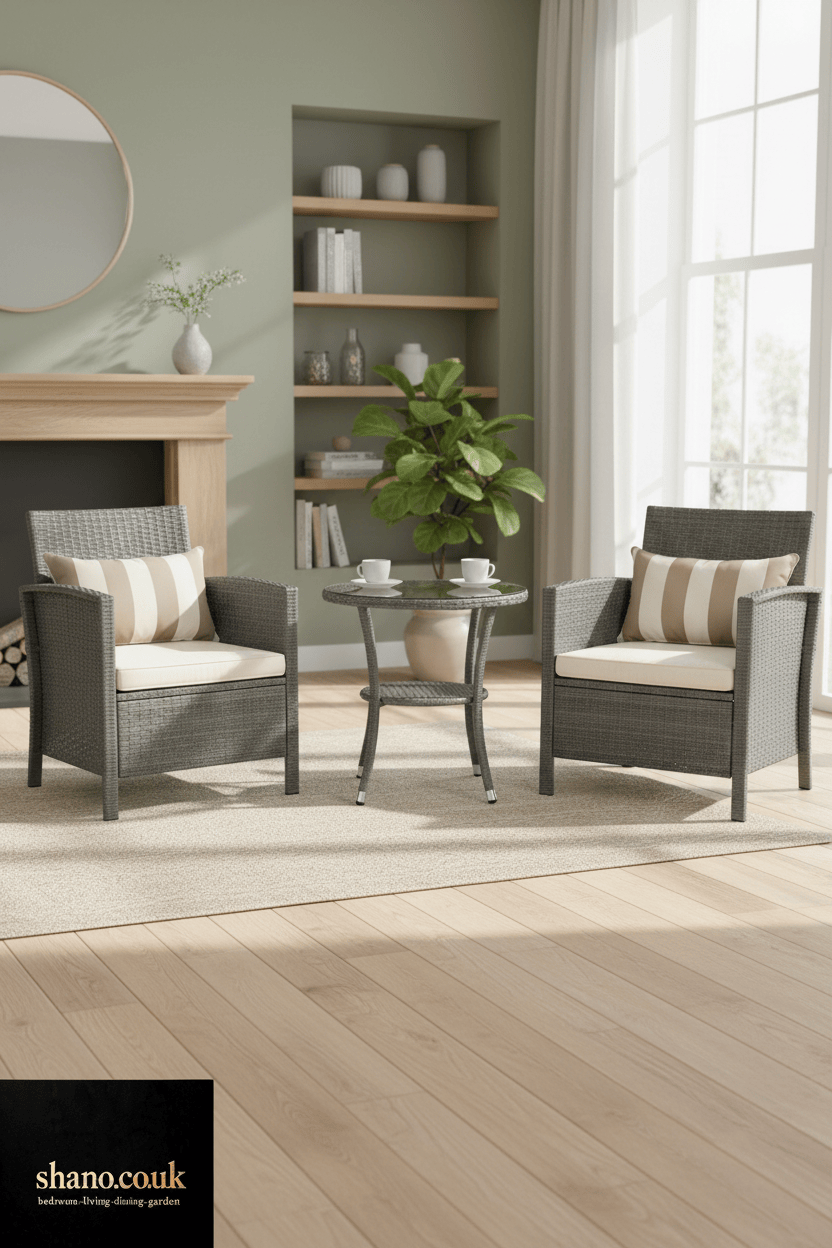3-Piece Rattan Bistro Set — 2 Wicker Chairs with Washable Cushions & Coffee Table, Brown Beige or Grey Beige