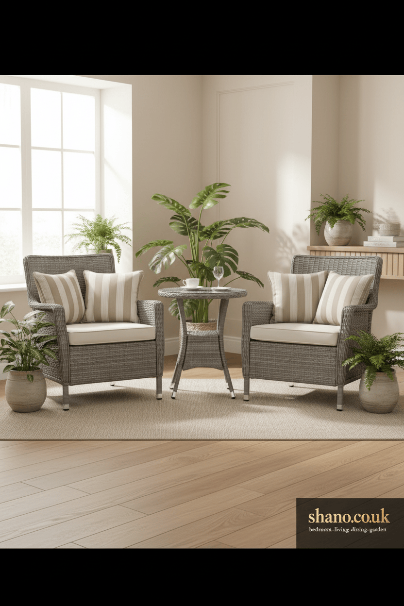 3-Piece Rattan Bistro Set — 2 Wicker Chairs with Washable Cushions & Coffee Table, Brown Beige or Grey Beige
