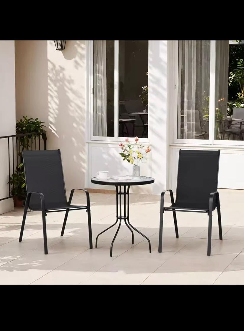 3 Piece Patio Set – Glass Top Table & Stackable Chairs