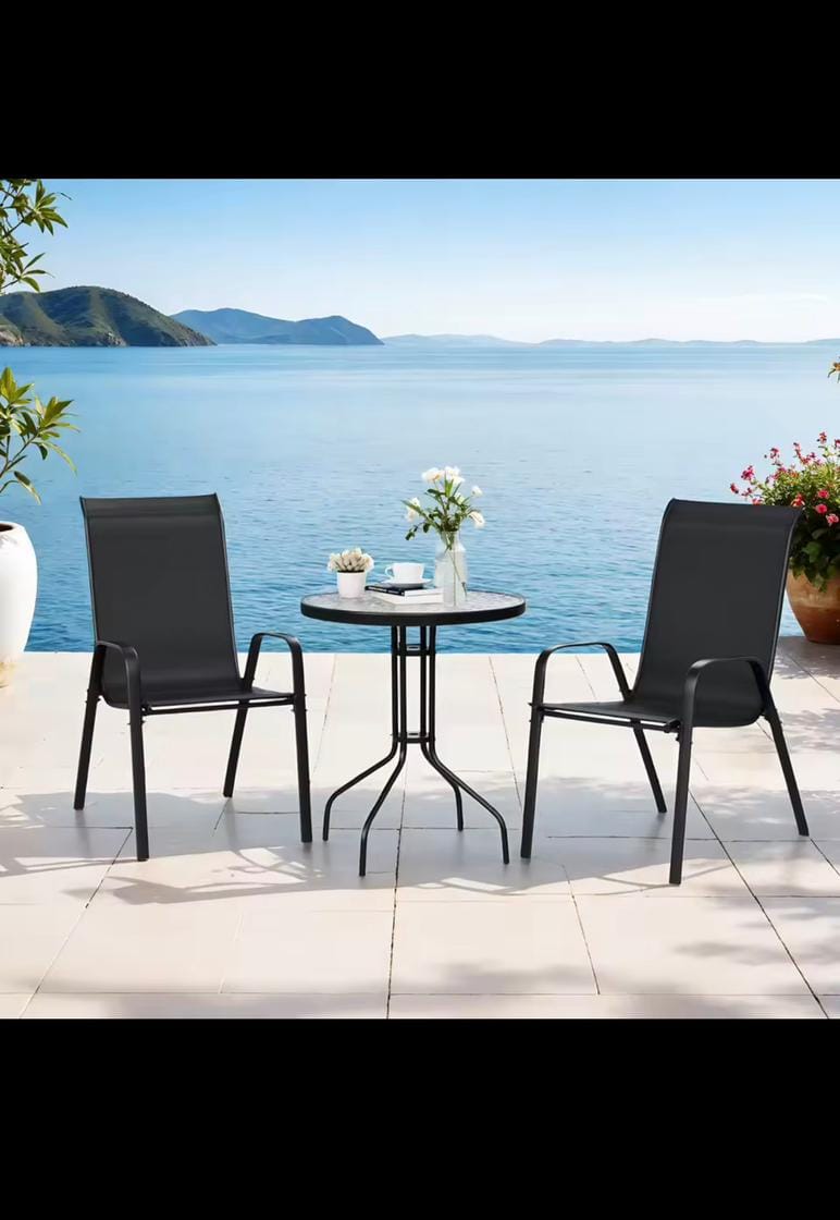 3 Piece Patio Set – Glass Top Table & Stackable Chairs