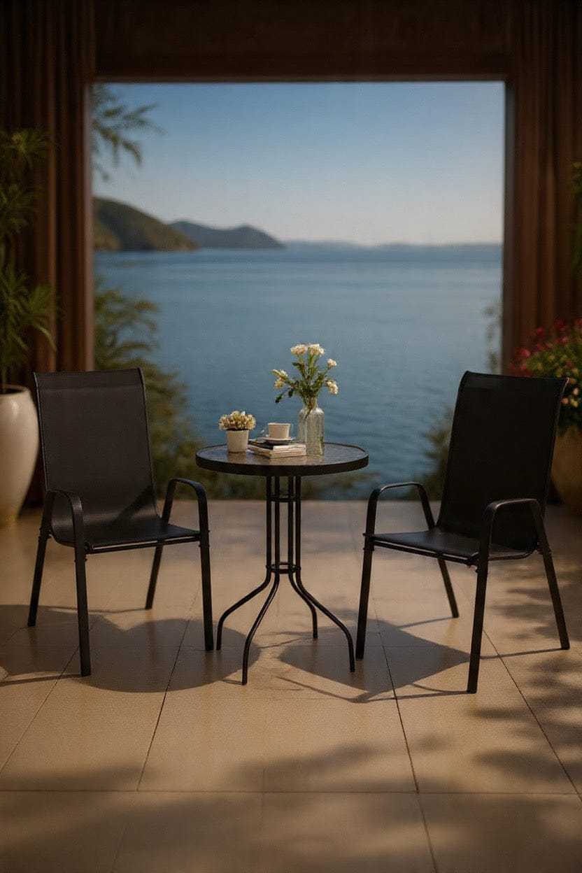 3 Piece Patio Set – Glass Top Table & Stackable Chairs