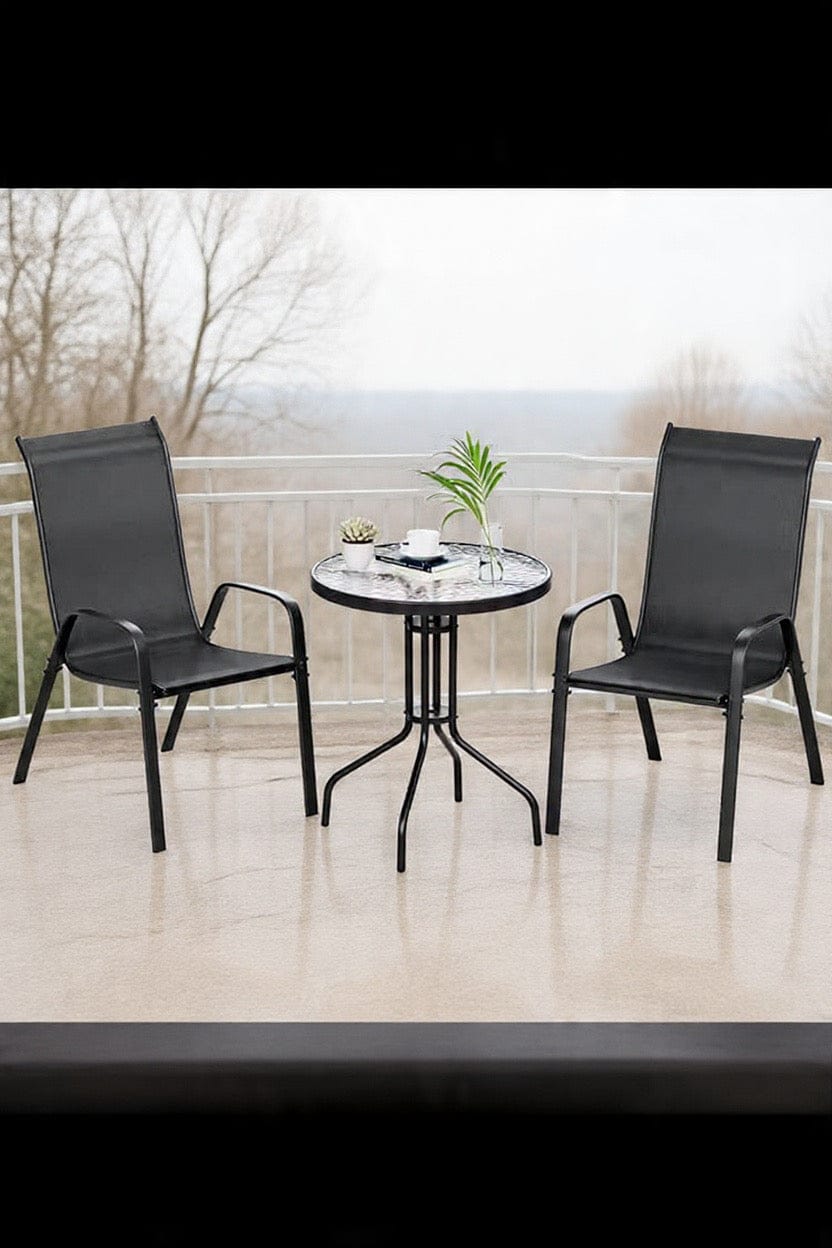 3 Piece Patio Set – Glass Top Table & Stackable Chairs