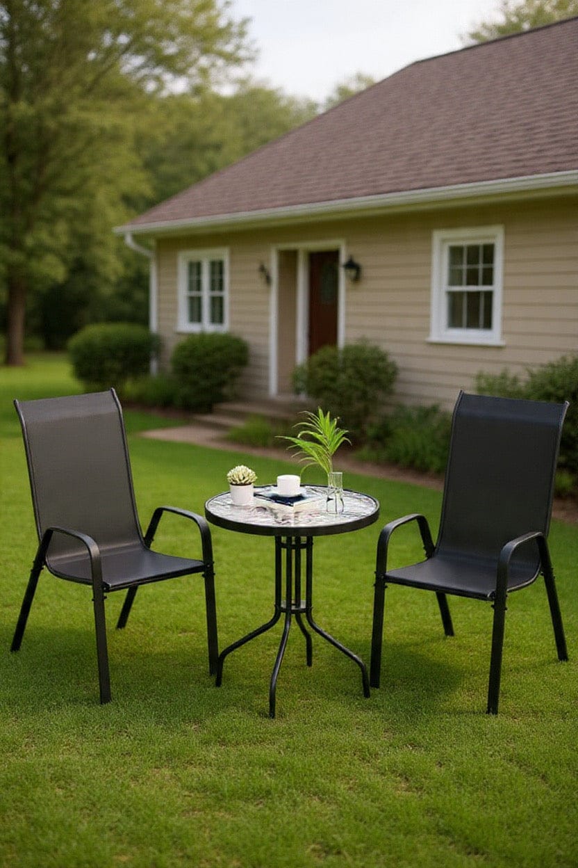 3 Piece Patio Set – Glass Top Table & Stackable Chairs