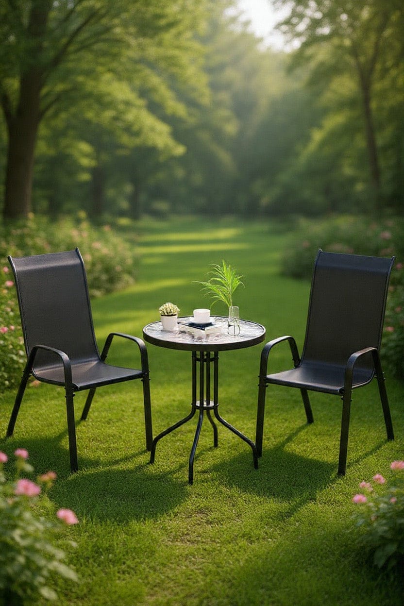 3 Piece Patio Set – Glass Top Table & Stackable Chairs