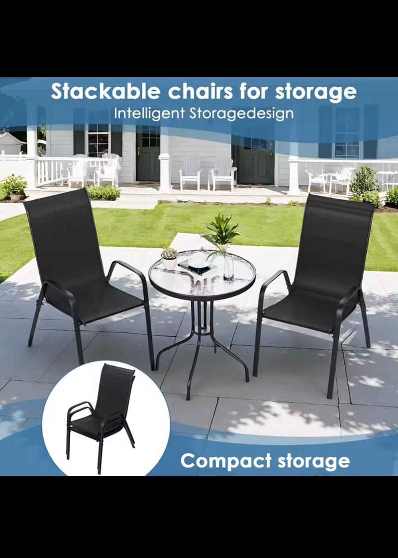 3 Piece Patio Set – Glass Top Table & Stackable Chairs